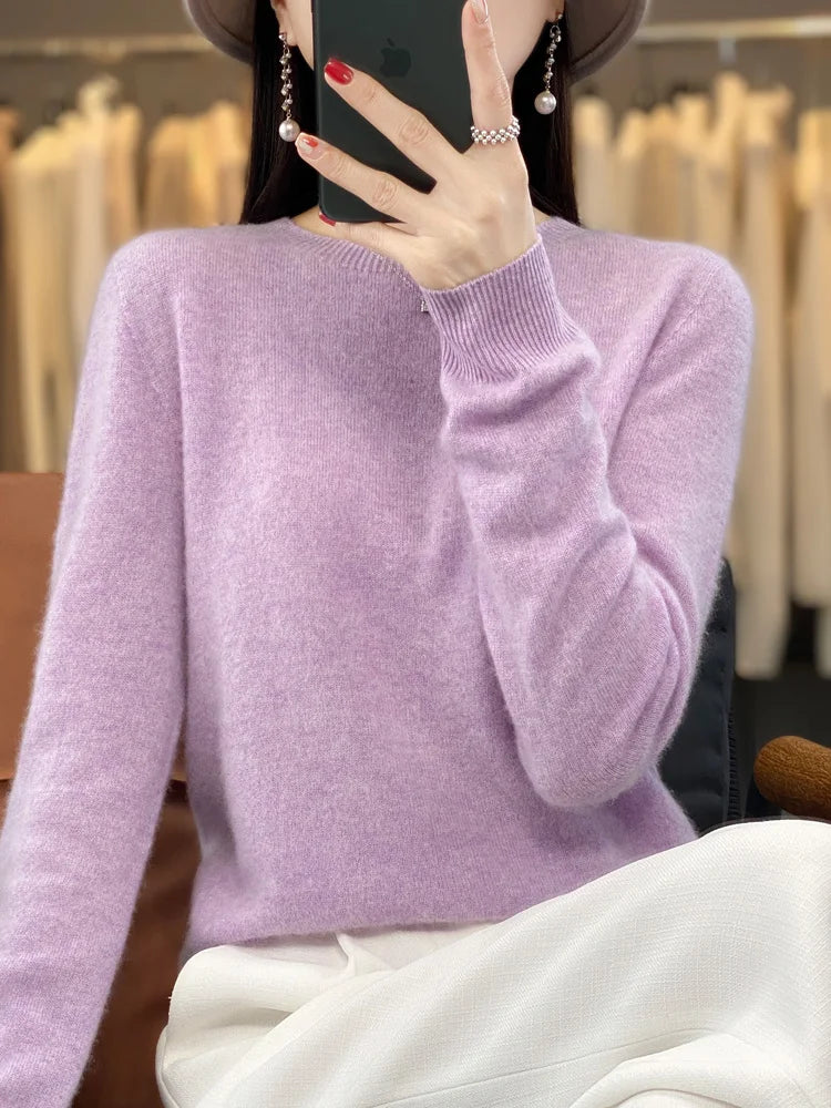 100% Merino Wool Sweater Women O-neck Cashmere Knitwear Female Pullover Autumn Winter Casual Tops Solid Color Soft Clothing GONZALES ONLINE SHOP