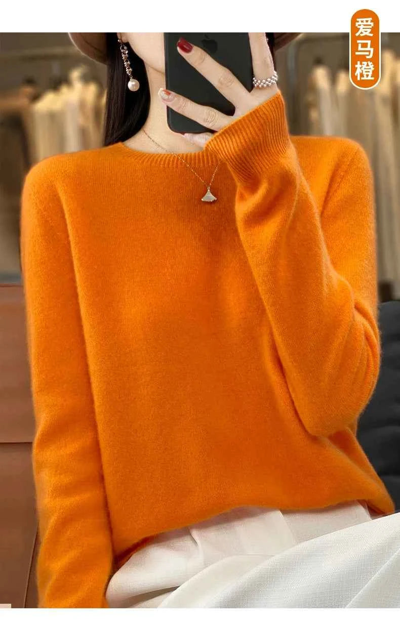 100% Merino Wool Sweater Women O-neck Cashmere Knitwear Female Pullover Autumn Winter Casual Tops Solid Color Soft Clothing
