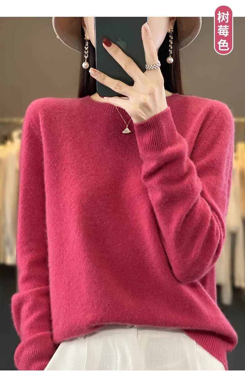 100% Merino Wool Sweater Women O-neck Cashmere Knitwear Female Pullover Autumn Winter Casual Tops Solid Color Soft Clothing