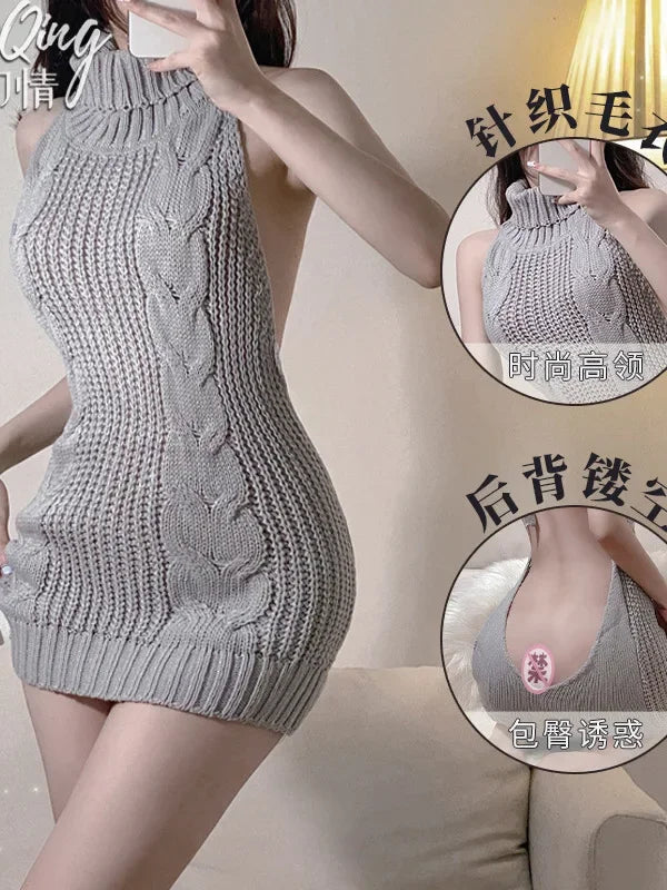 High Neck Knitted Sweater Sexy Backless Women New Dress Sleeveless Charm Solid Color Mature Fashion Elegant Soft Resilient AK74 - GONZALES ONLINE SHOP