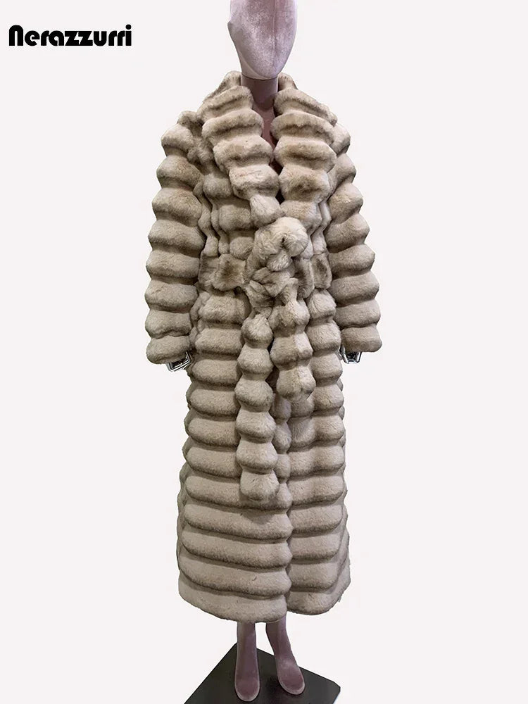 Nerazzurri Winter Long Striped Thick Warm Fluffy Faux Chinchilla Fur Coat Women Shawl Collar Elegant Chic Luxury Furry Overcoat - GONZALES ONLINE SHOP