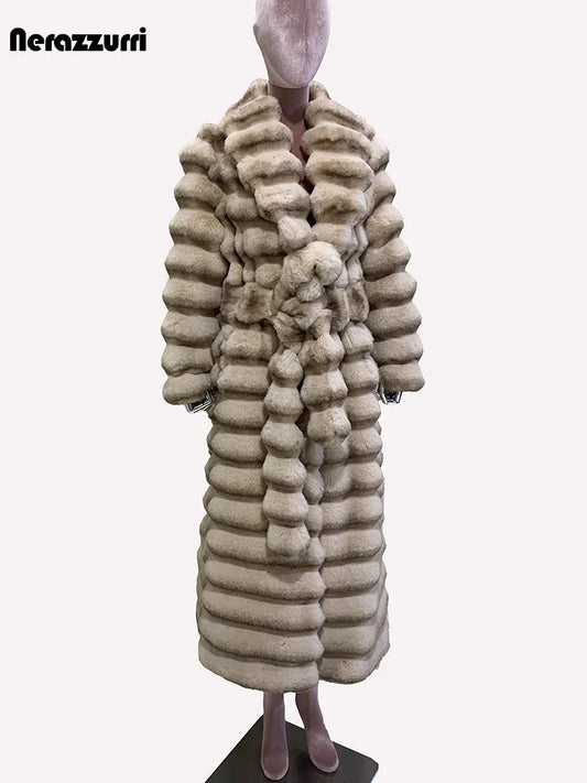Nerazzurri Winter Long Striped Thick Warm Fluffy Faux Chinchilla Fur Coat Women Shawl Collar Elegant Chic Luxury Furry Overcoat - GONZALES ONLINE SHOP