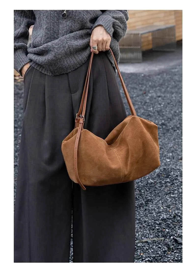 Women's Natural Nuede Genuine Leather Handbags Ladies large capacity Tote Bag Female Design Luxury Commuting Yoga Bag hobo bag