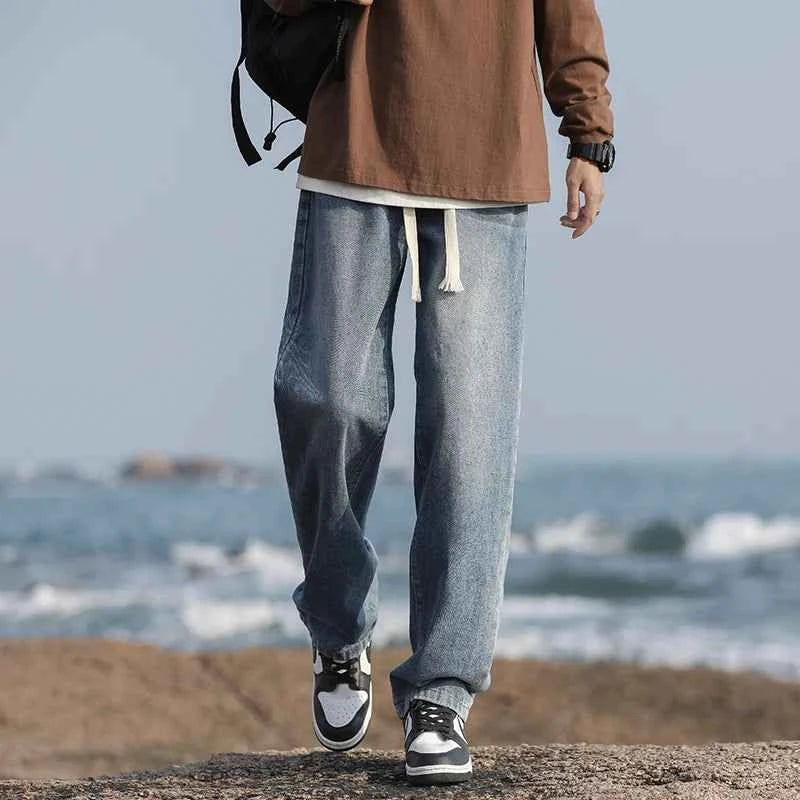 Men's summer loose straight leg pants with elastic drawstring, casual jeans, comfortable, fashionable and trendy jeans