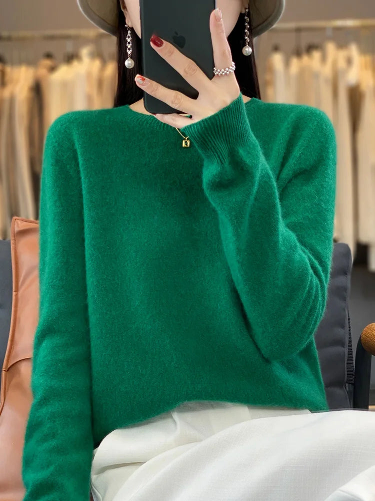 100% Merino Wool Sweater Women O-neck Cashmere Knitwear Female Pullover Autumn Winter Casual Tops Solid Color Soft Clothing GONZALES ONLINE SHOP
