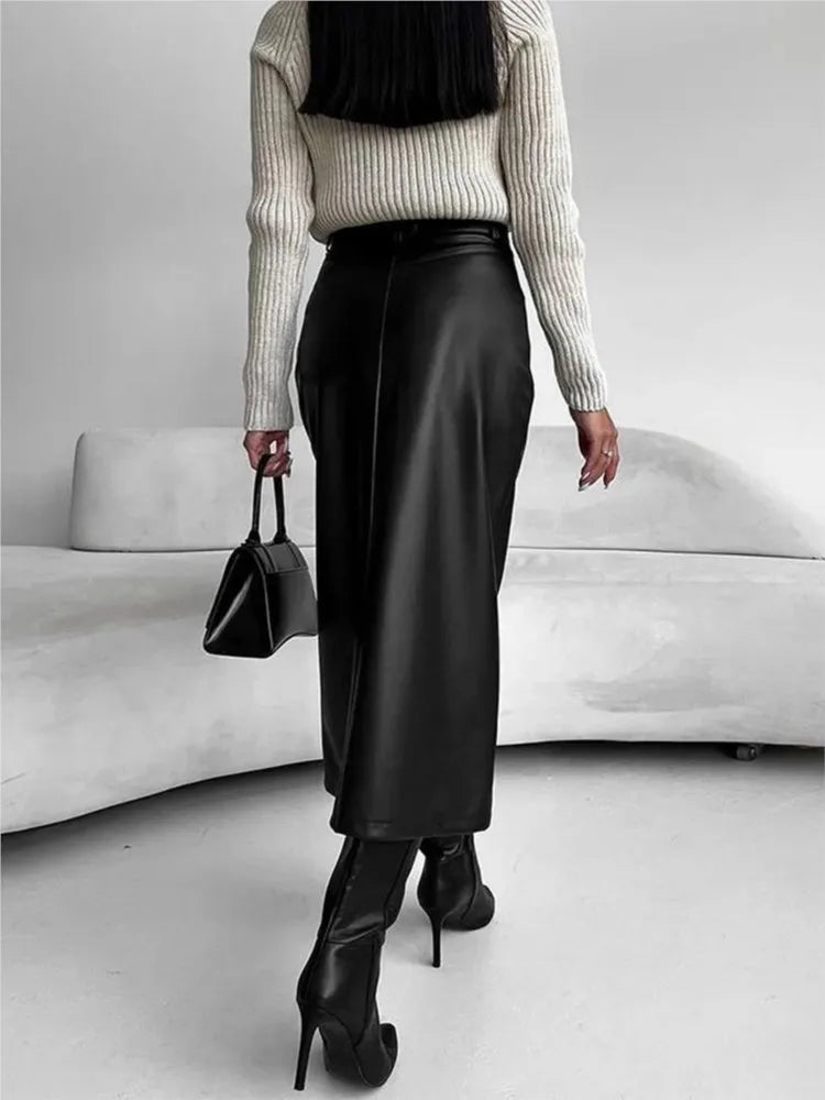 Leather Skirt High Waist Women Front Slit Spring Autumn Long Skirt High Waisted Office Lady Slim Skirts Elegant Ropa De Mujer GONZALES ONLINE SHOP