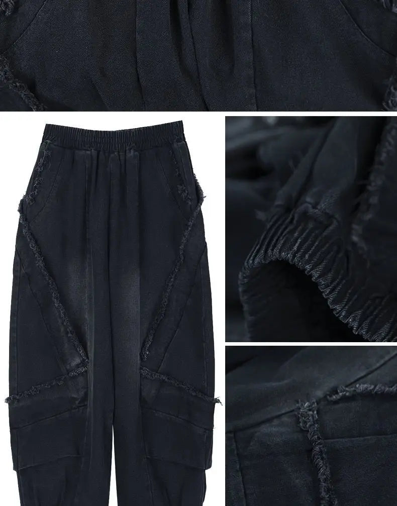 Black Wide-leg Jeans Harlan Pants Loose Fashion Casual Full Length High Waist Patchwork Print Pocket Jeans Women Clothes Spring GONZALES ONLINE SHOP