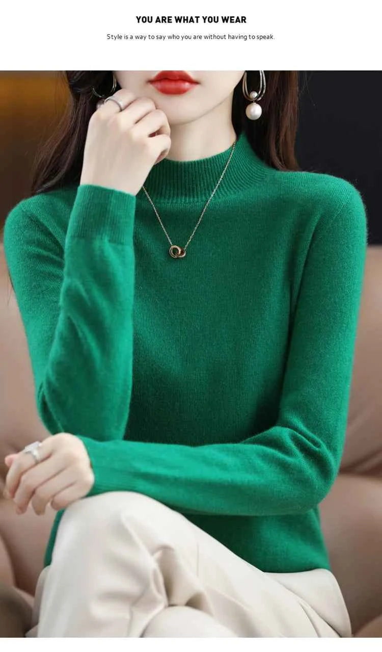 Half High Solid Color Cashmere Sweater For Women Loose Pullover Autumn and Winter Contracted Commuter Basic Knitwear Top Base