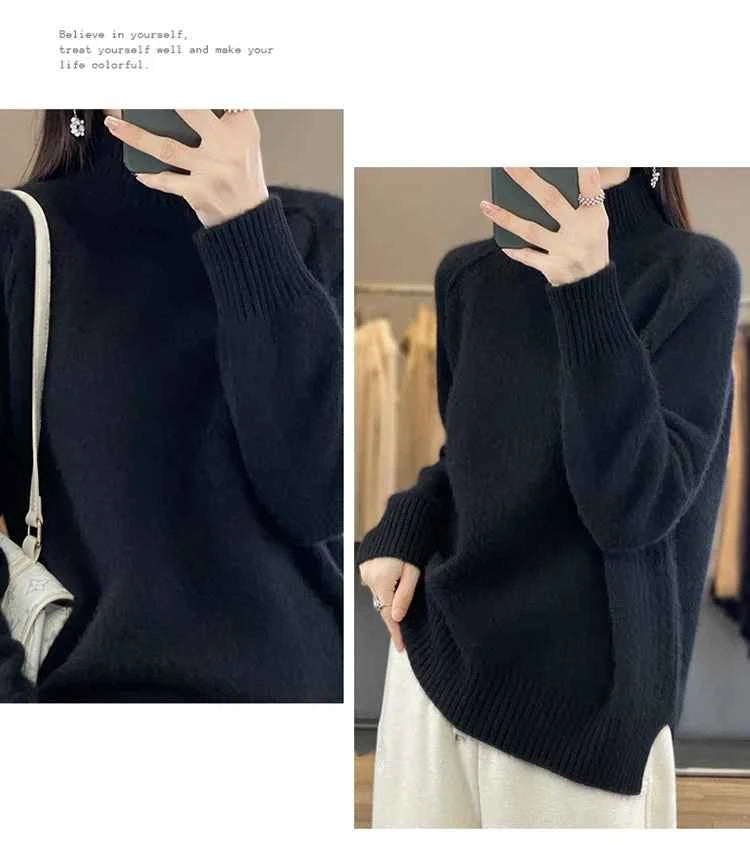 Women's High-Necked Cashmere Sweater 100% Soft Wool Thickened Lazy Raglan Sweater with Slit for Autumn Winter Comfortable Waxy W