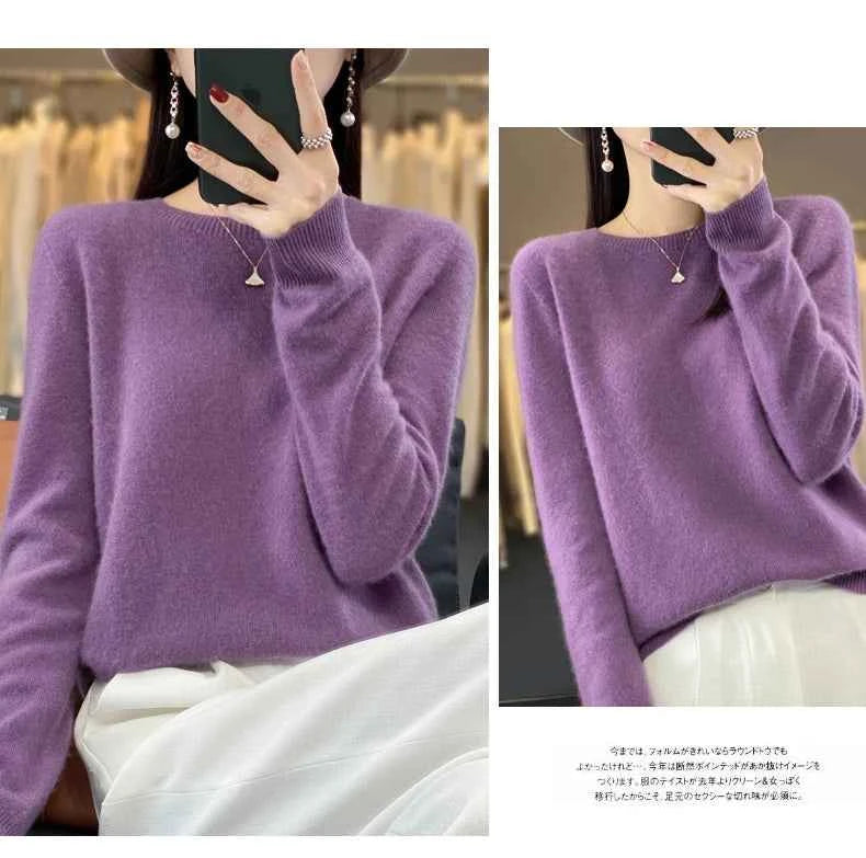 100% Merino Wool Sweater Women O-neck Cashmere Knitwear Female Pullover Autumn Winter Casual Tops Solid Color Soft Clothing