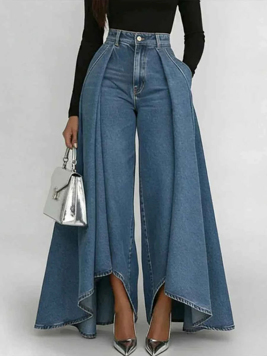 High Waisted Wide Leg Jeans For Women Asymmetrical Hem Loose Fit Denim Pants Streetwear Fashion With Pockets Casual Trousers