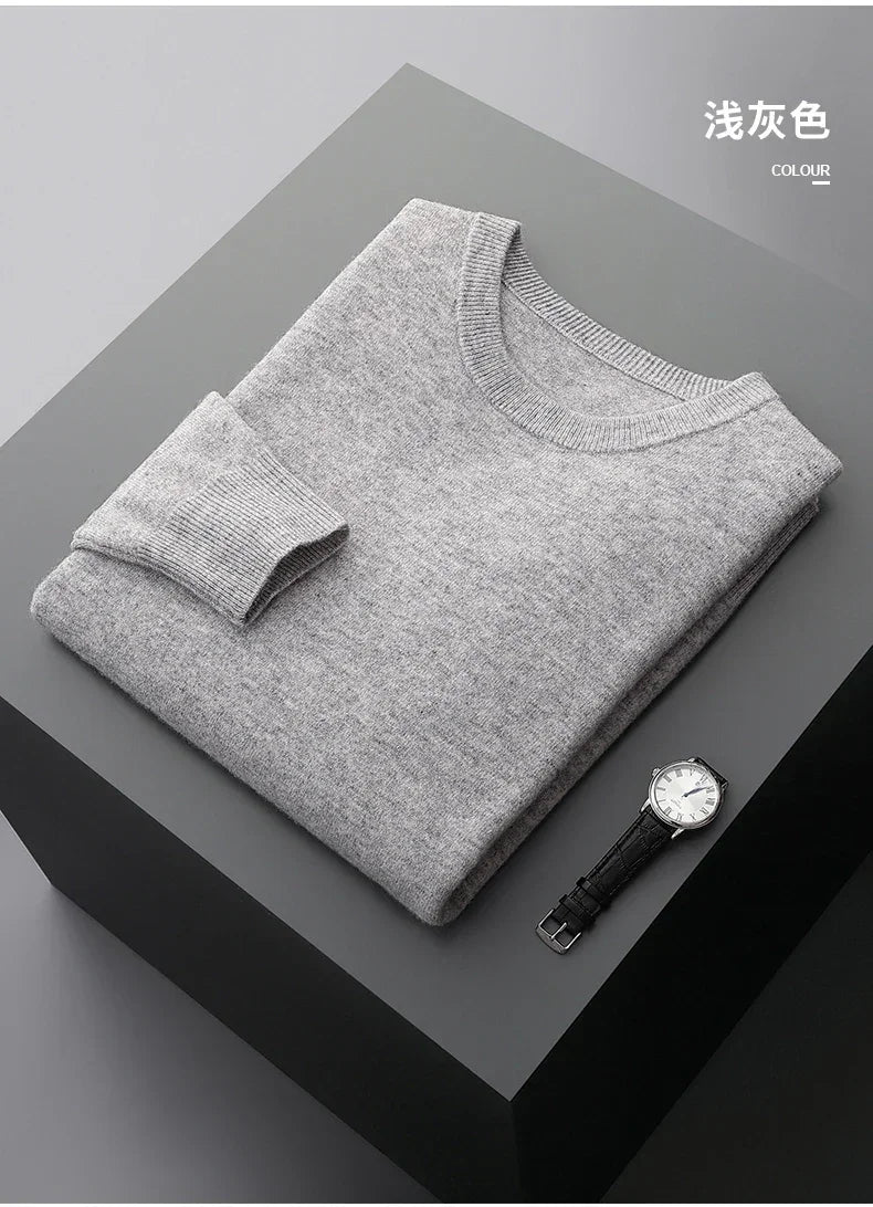 MVLYFLRT 100% Pure Merino Wool Sweater Men's Round Neck Pullover Tops Autumn Winter Thin Solid Color Sweater Versatile Basic GONZALES ONLINE SHOP