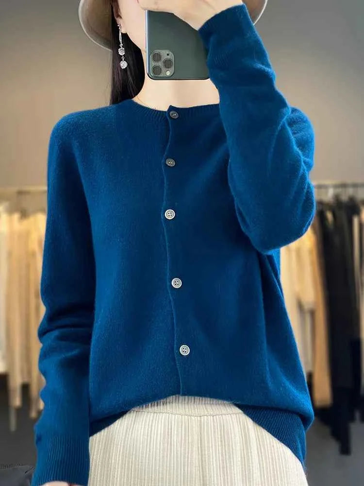100% Merino Wool Sweater Women O-Neck Cardigan Basic Style Buttoned Knitwear Female Casual Autumn Winter Soft Tops