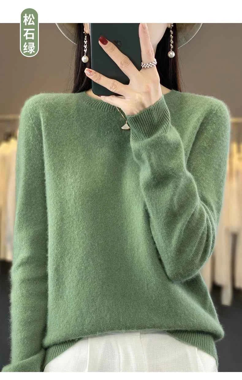 100% Merino Wool Sweater Women O-neck Cashmere Knitwear Female Pullover Autumn Winter Casual Tops Solid Color Soft Clothing