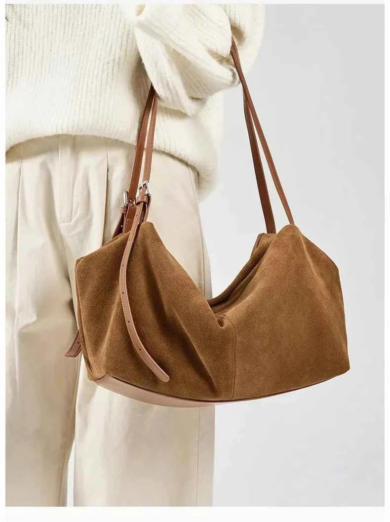 Women's Natural Nuede Genuine Leather Handbags Ladies large capacity Tote Bag Female Design Luxury Commuting Yoga Bag hobo bag