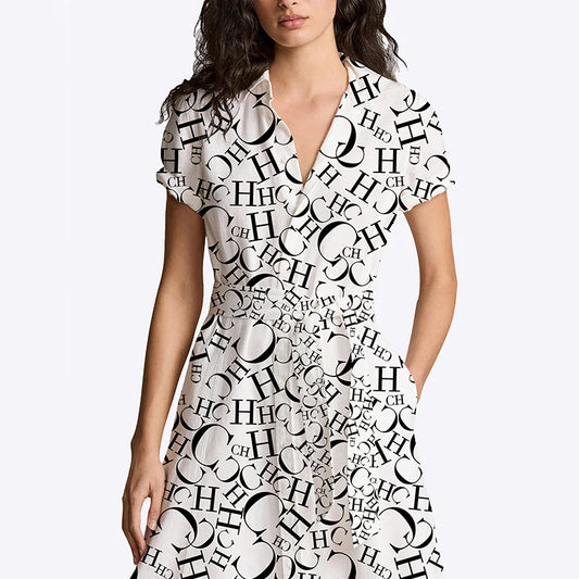 New Women Dress Summer Commuter Versatile High End Female Elegant Dress Letter Thin Band Design Office Ladies Classic Dresses GONZALES ONLINE SHOP