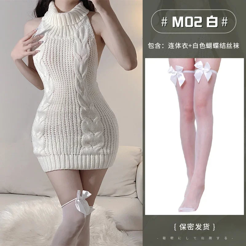 High Neck Knitted Sweater Sexy Backless Women New Dress Sleeveless Charm Solid Color Mature Fashion Elegant Soft Resilient AK74 - GONZALES ONLINE SHOP