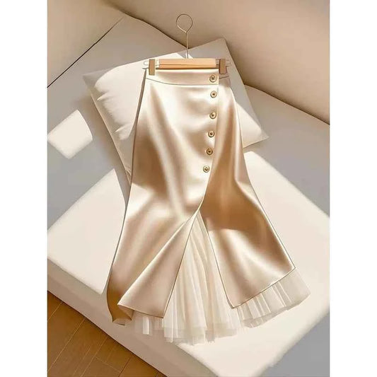 Elegant Satin Long Skirts for Women Fashion Spliced Mesh Single Breasted Slit Maxi Skirt 2025 New Commuting Lady Skirt