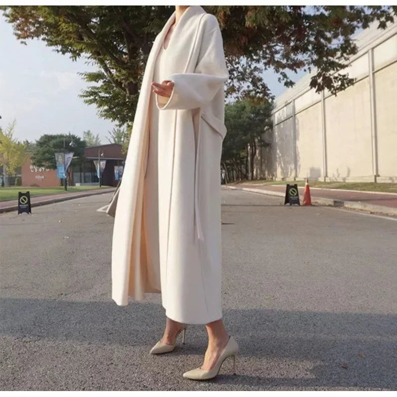 Elegant Korea Chic Woolen Coat for Women - Long Sleeve Loose White Overgarment for Autumn Winter 2023 - GONZALES ONLINE SHOP