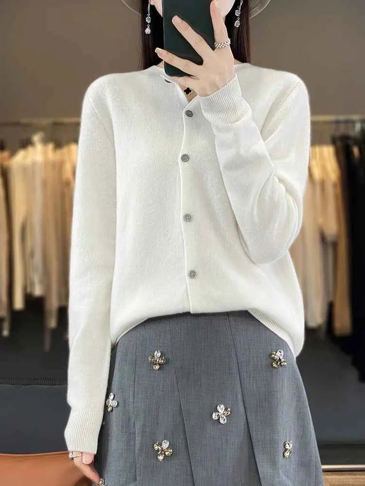 100% Merino Wool Sweater Women O-Neck Cardigan Basic Style Buttoned Knitwear Female Casual Autumn Winter Soft Tops
