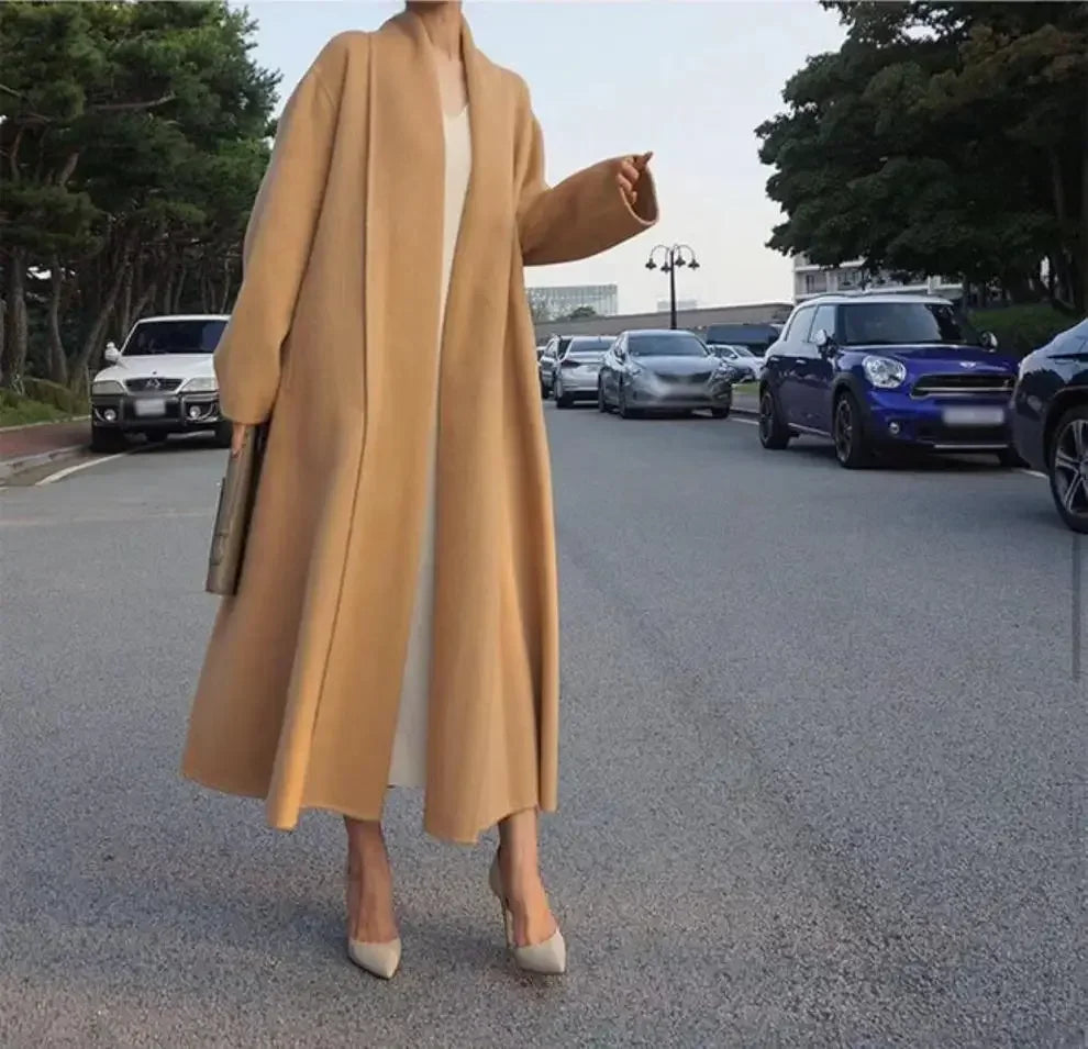 Elegant Korea Chic Woolen Coat for Women - Long Sleeve Loose White Overgarment for Autumn Winter 2023 - GONZALES ONLINE SHOP