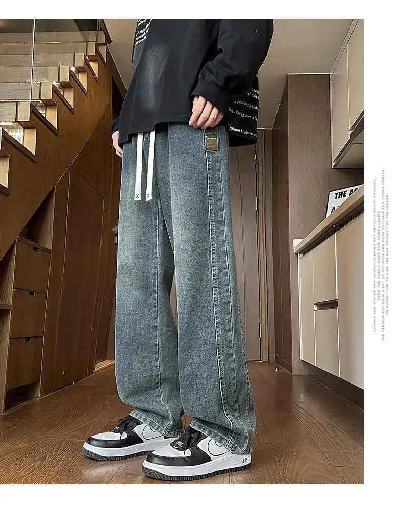 Men's Drawstring Waist Loose Straight Leg Jeans Summer Casual Wide Leg Denim Pants