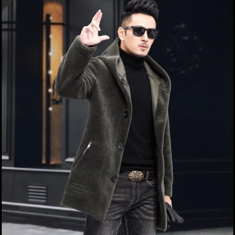 Men Winter Long Casual Thick Fleece Hooded Waterproof Jacket Male Real Fur Wool Coat Outwear Vintage Clothing G436 - GONZALES ONLINE SHOP
