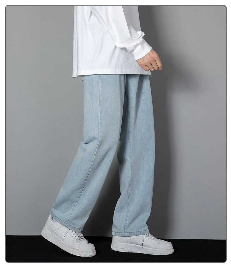 2026 New Korean Men's Casual Long Jeans Classic Man Straight Denim Wide-leg Pants Solid Color Light Blue Grey Black GONZALES ONLINE SHOP