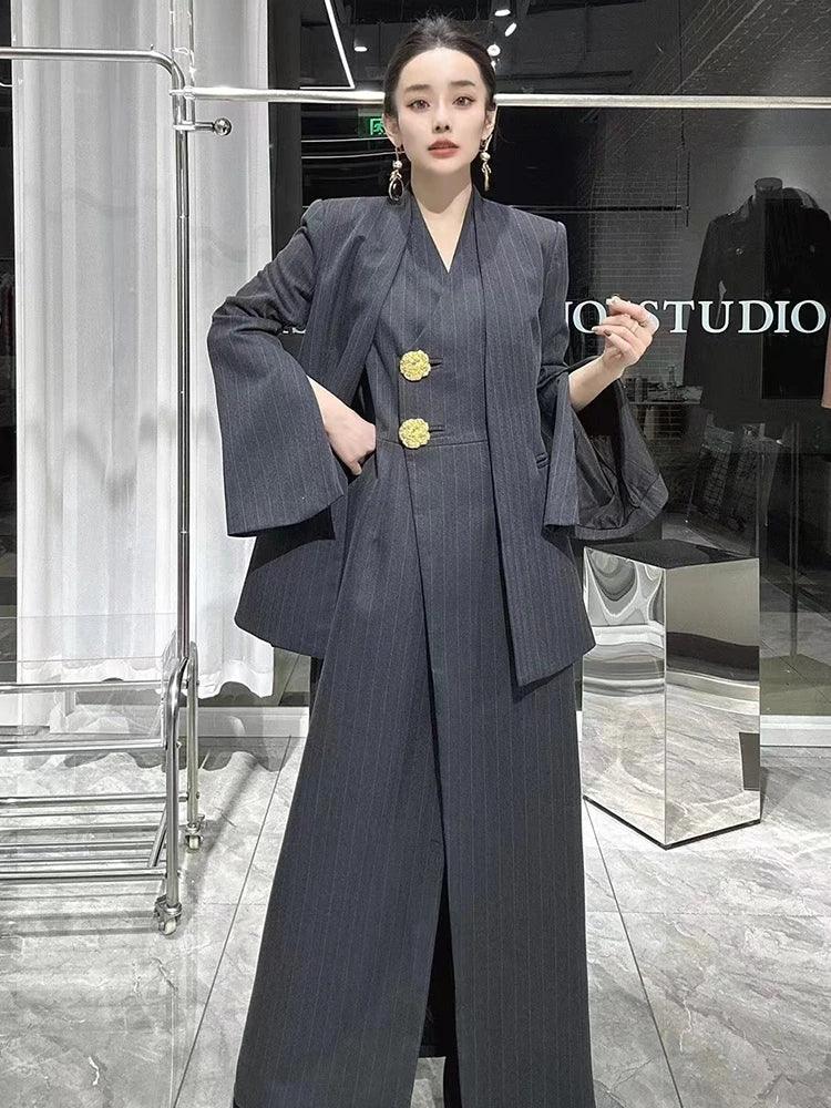 SuperAen 2023 Winter New Korean Dark Stripe V-Neck Split Dress Paired with A Fashionable Two Piece Suit Coat - GONZALES ONLINE SHOP