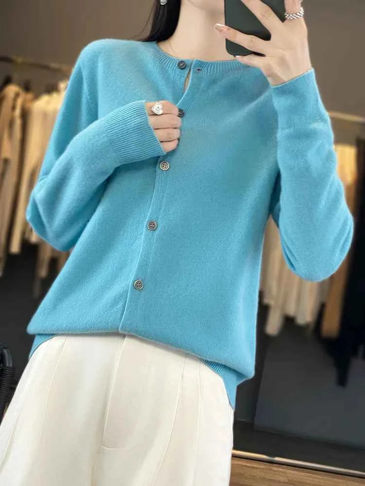 100% Merino Wool Sweater Women O-Neck Cardigan Basic Style Buttoned Knitwear Female Casual Autumn Winter Soft Tops