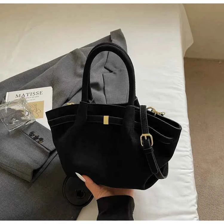 Matte Leather Suede Tote Handbags for Women Large Capacity Retro Shoulder Bag Fall Winter Belt Design Female Crossbody Bags
