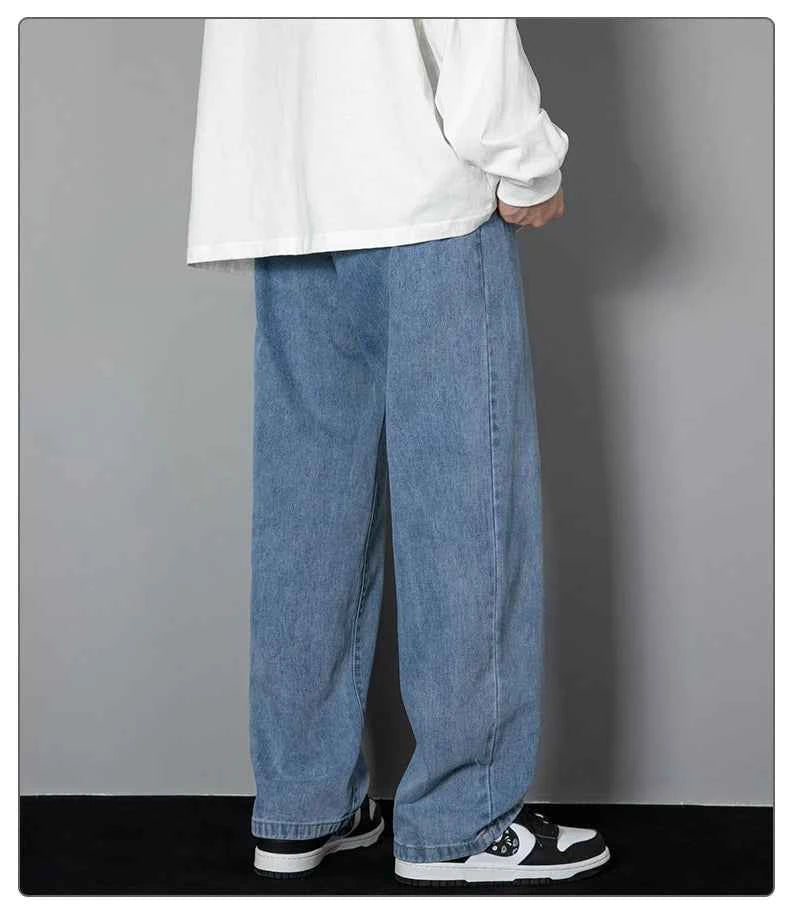 2026 New Korean Men's Casual Long Jeans Classic Man Straight Denim Wide-leg Pants Solid Color Light Blue Grey Black