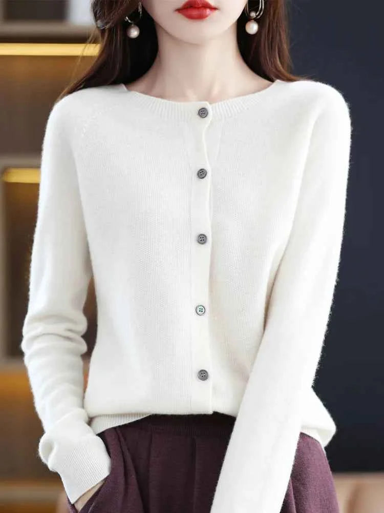 Women Cashmere Sweater 100% Merino Wool Knitted Cardigan Autumn Winter Knitwear O-Neck Female Solid Color Casual Fashion Top
