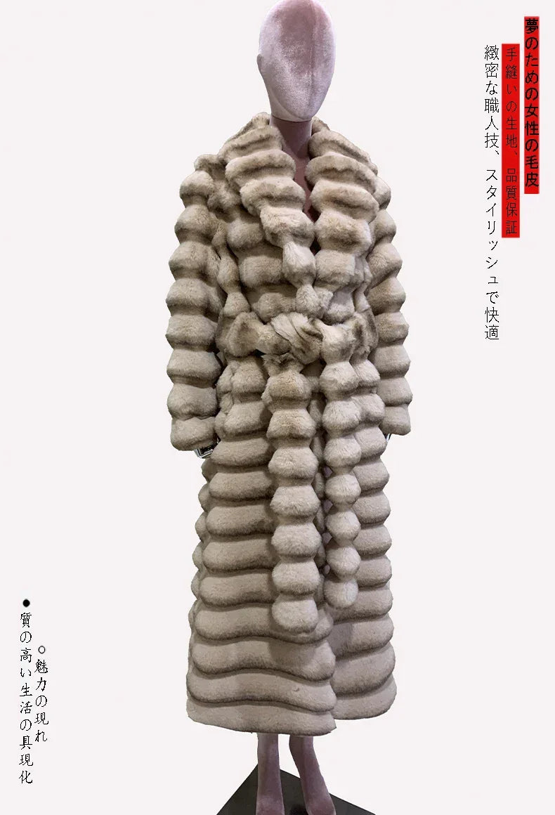Nerazzurri Winter Long Striped Thick Warm Fluffy Faux Chinchilla Fur Coat Women Shawl Collar Elegant Chic Luxury Furry Overcoat - GONZALES ONLINE SHOP