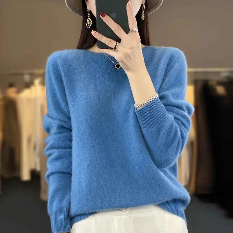 100% Merino Wool Sweater Women O-neck Cashmere Knitwear Female Pullover Autumn Winter Casual Tops Solid Color Soft Clothing