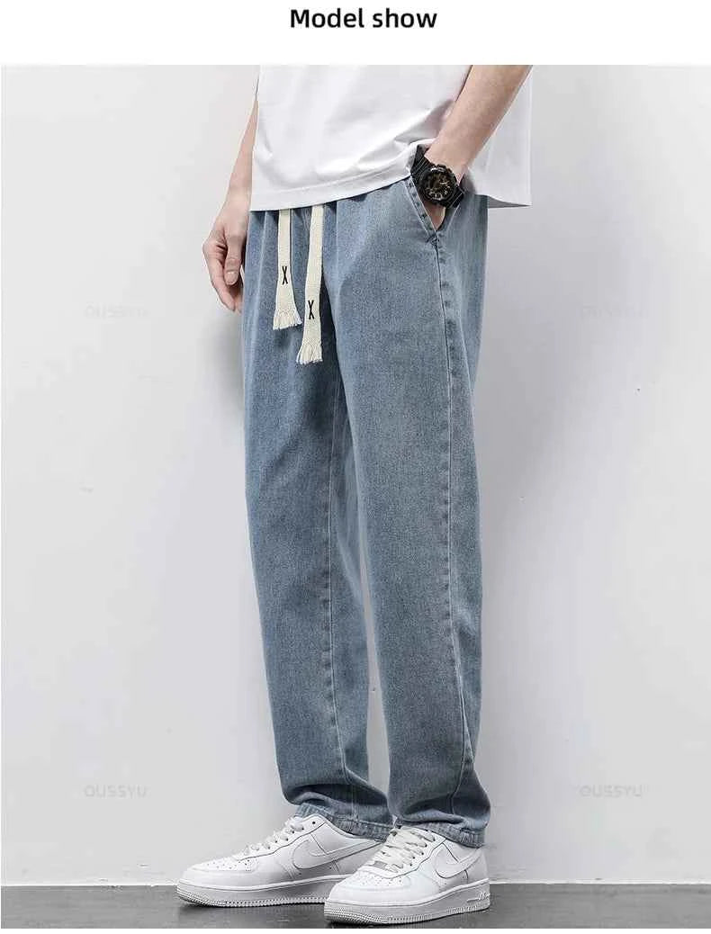 High Quality Fully Elastic Waist Men's Jeans Cotton Soft Drawstring Straight Pants Korea Casual Trousers Male Plus Size S-5XL
