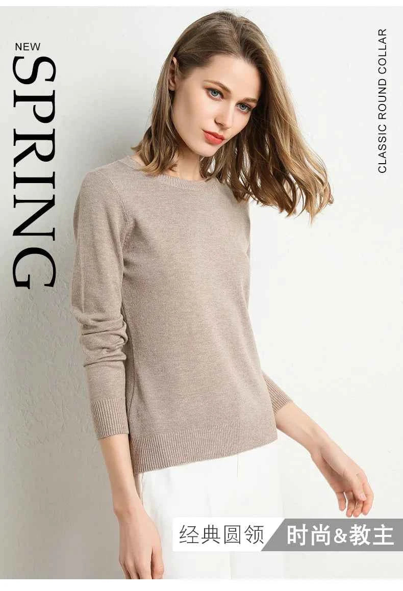 Women Slim O-Neck Solid Pullover Cashmere Wool Blending Sweater Autumn And Winter Long-Sleeved Knit Bottoming Shirt Large Size
