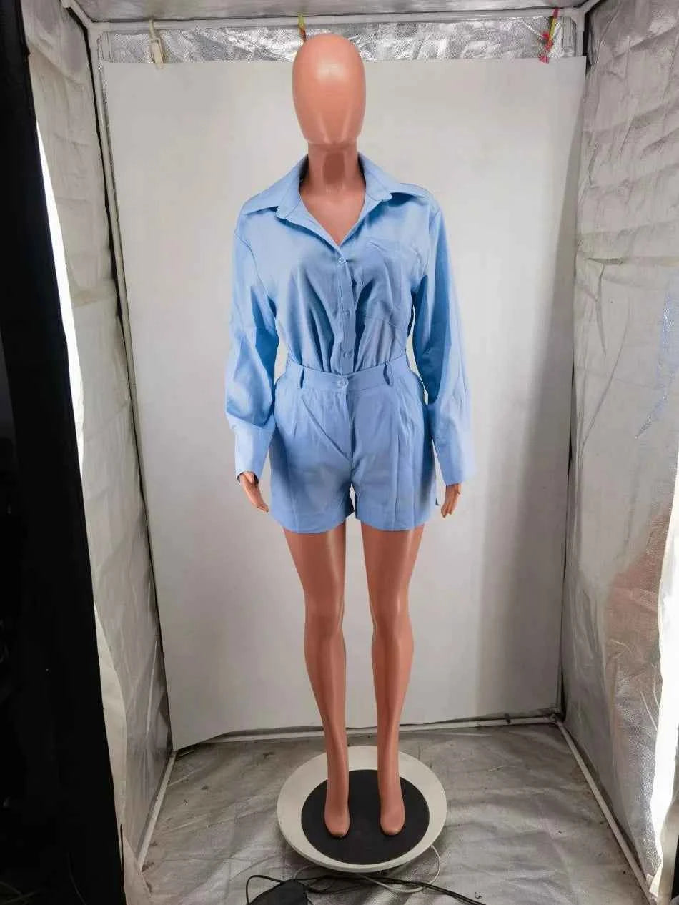Women Long Sleeve 2 Pieces Sets Casual Simple Button Pockets Short Pant with Shirts Tops 2026 Summer Fashion Suit Female Outfits