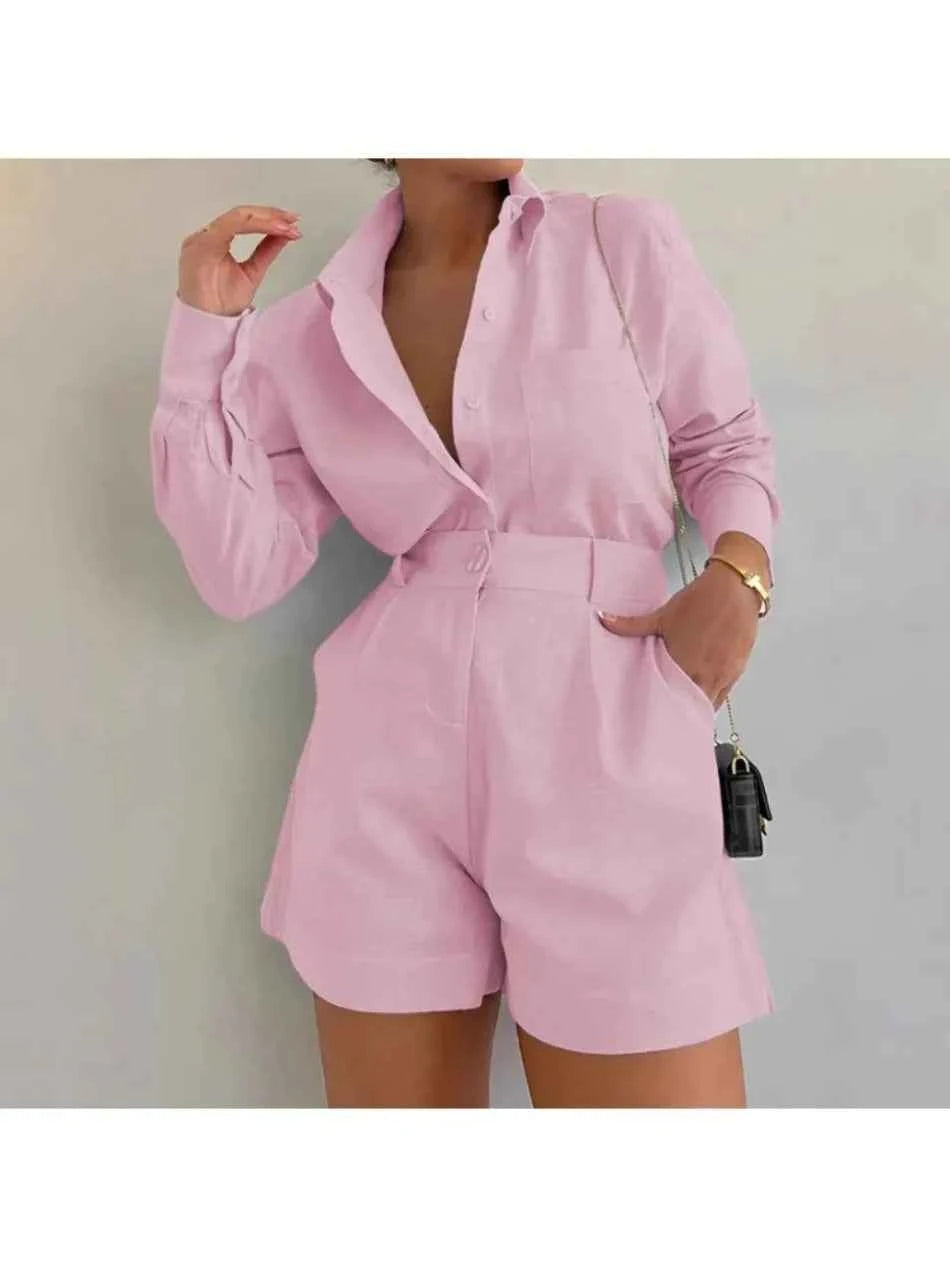 Women Long Sleeve 2 Pieces Sets Casual Simple Button Pockets Short Pant with Shirts Tops 2026 Summer Fashion Suit Female Outfits