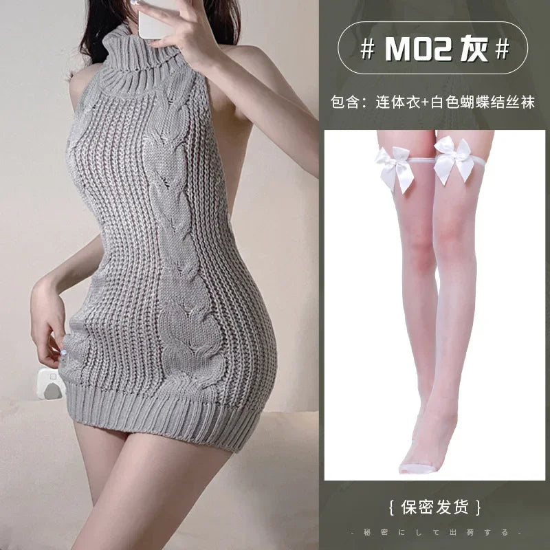 High Neck Knitted Sweater Sexy Backless Women New Dress Sleeveless Charm Solid Color Mature Fashion Elegant Soft Resilient AK74 - GONZALES ONLINE SHOP