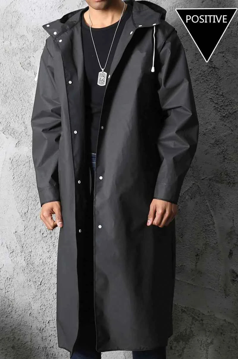 Fashion black adult windbreaker style waterproof long raincoat women's men's hooded outdoor motorcycle, bicycle, hiking, fishing