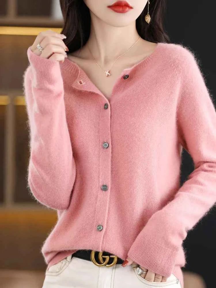 Women Cashmere Sweater 100% Merino Wool Knitted Cardigan Autumn Winter Knitwear O-Neck Female Solid Color Casual Fashion Top