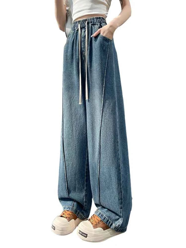High Waist Slimming Drawstring Tie Elastic Waist Floor-Length Curved Sickle Pants 2026 Spring New Women's Trendy Wide Leg Jeans