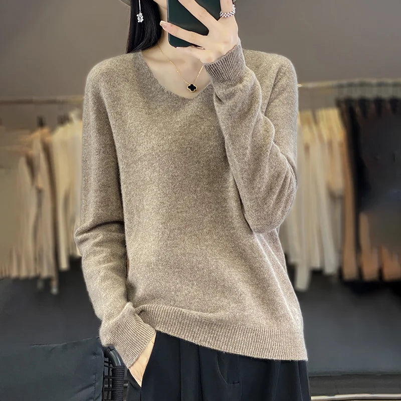 Women 100% Merino Wool Sweater V-Neck Basic Pullover Autumn Winter Cashmere Clothing Long Sleeve Soft Knitwear Tops Solid Color GONZALES ONLINE SHOP
