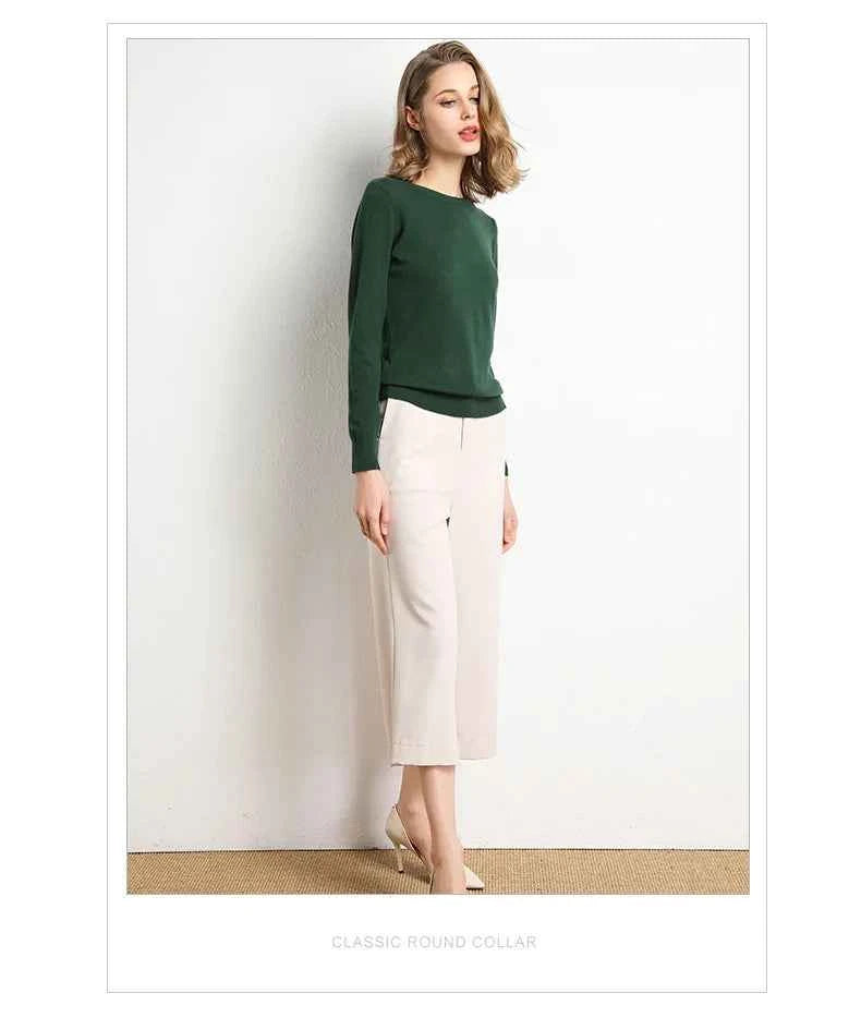 Women Slim O-Neck Solid Pullover Cashmere Wool Blending Sweater Autumn And Winter Long-Sleeved Knit Bottoming Shirt Large Size