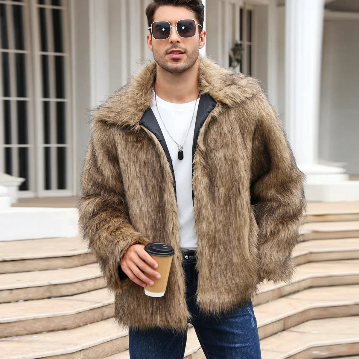 Men Faux Fox Fur Jacket Coat Winter Thick Fluffy Long Sleeve Lapel Warm Shaggy Outerwear Luxury Fur Jacket Bontjas Jackets Mens - GONZALES ONLINE SHOP