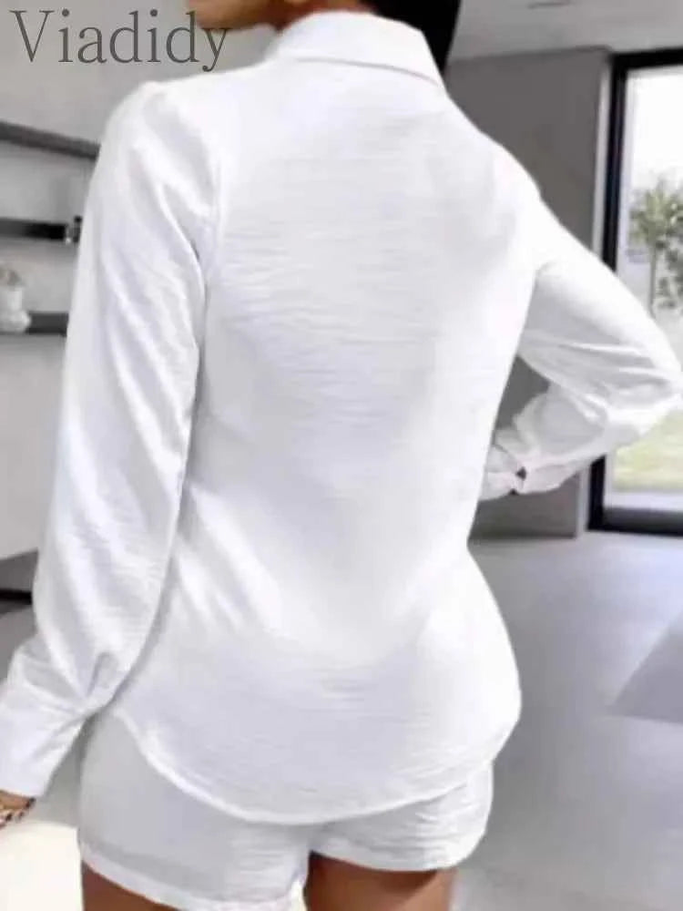 Women's Casual Solid Color Turn Down Collar Long Sleeve Shirt Blouse and High Waist Shorts 2pcs Set