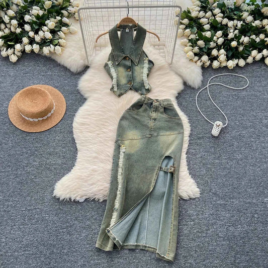 American Retro Washed Denim Two-piece Set,Women's New Summer Vintage Hang-the-neck Sleeveless Lapel Top with Slit Slimming Skirt