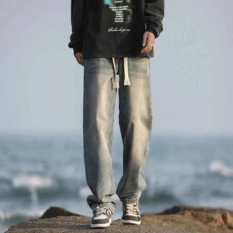 Men's summer loose straight leg pants with elastic drawstring, casual jeans, comfortable, fashionable and trendy jeans