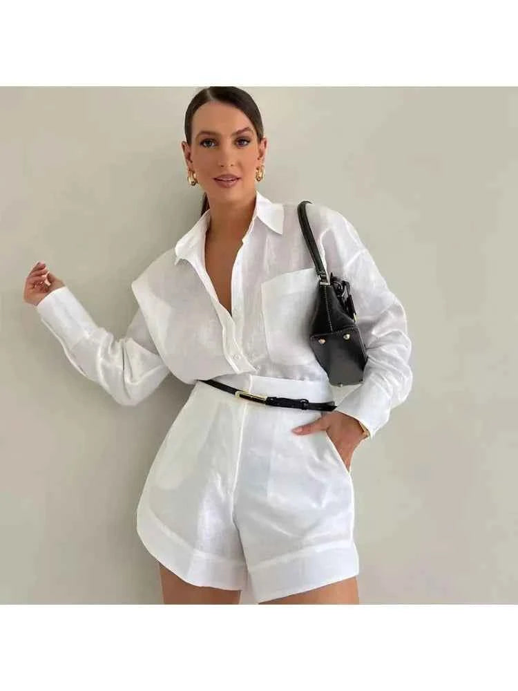 Women Long Sleeve 2 Pieces Sets Casual Simple Button Pockets Short Pant with Shirts Tops 2026 Summer Fashion Suit Female Outfits